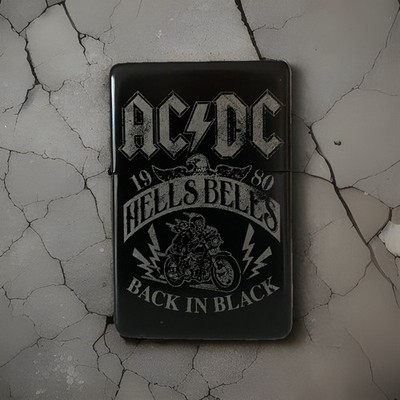 AC/DC Hells Bells Benzinfeuerzeug Sturmfeuerzeug Schwarz Angus Young Hardrock
