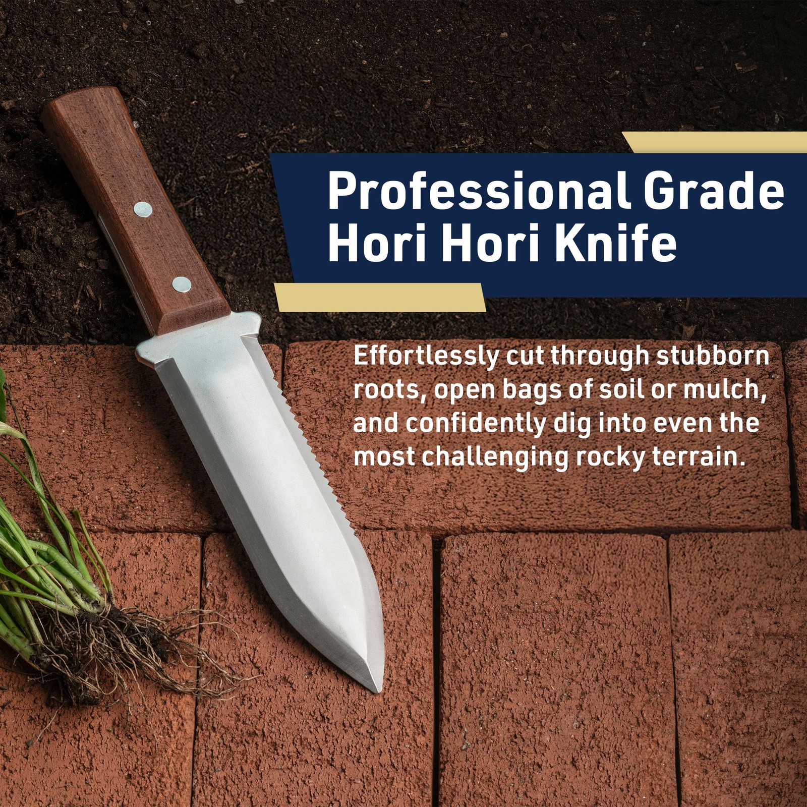 Hori Hori Garden Knife with 7.4” Stainless-Steel Double-Edged Serrated, Strai...