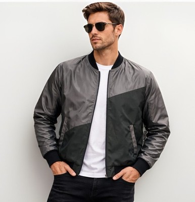 Sean John Bomber Jacket Men 2XL Gray Black Colorblock Zip Lightweight