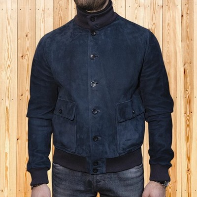Leather Junction Herren Bomberjacke Varsity Leder Blau Knopfleiste Gerippt