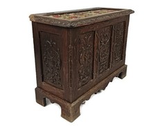 antique 19th century ornate carved wooden Box chest Trunk tapestry stunning WOW