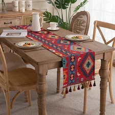 Floral Table Runner Vintage Rose with Leaves Tassel Farmhouse Table Runner Decor