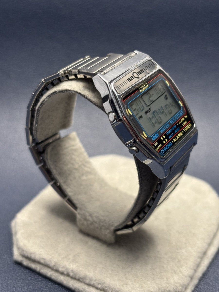 Vintage Timex Q Chrono Alarm Timer Stainless Steels Digital Quartz