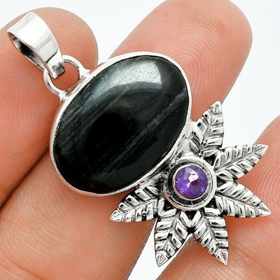 Premium Quality Silver Leaf Obsidian & Amethyst 925 Silver Pendant P-1425