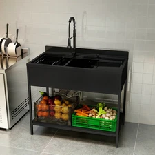 Stainless Steel Kitchen Sink Double Bowl w/ Faucet Shelf Black Utility Sinks