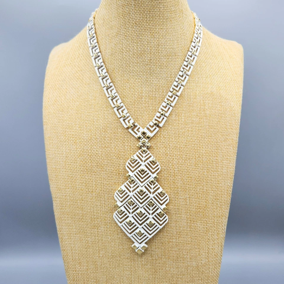 1970s Monet White Enamel Gold Tone Geometric Drop Pendant Greek Key Necklace 17" - Image 4 of 4