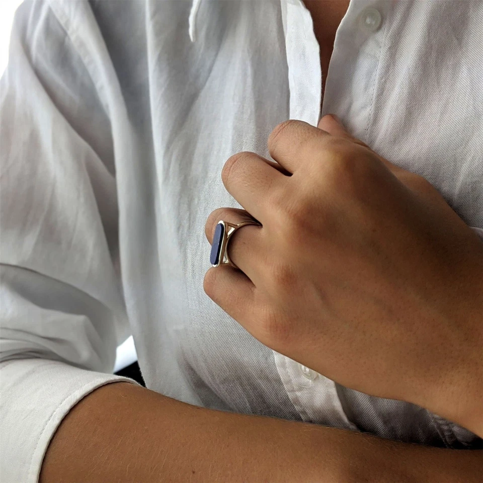 Silverly Anello Lapislazzuli Gemma Blu Forma Di Capsula Argento Sterling .925 - Immagine 4 di 4