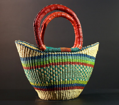 Handwoven African Basket Colorful Tribal Storage Shopping Tote-G5632