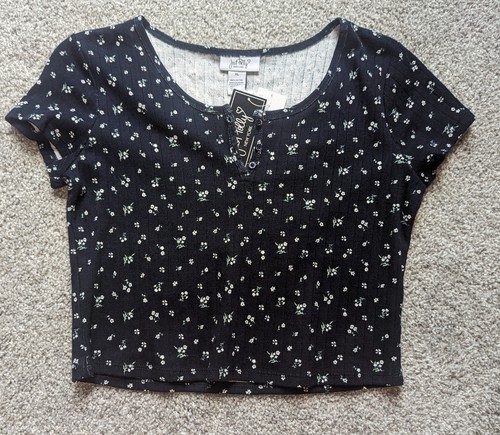 NWT,Just Polly,Cotton, Pointelle, Knit, Henley, Short Sleeve,Floral Shirt-Jr. XL