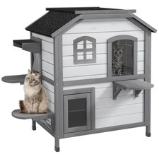 Wooden 2-Story Indoor or Outdoor Cat House W/ Escape Door, Cat Shelter, White