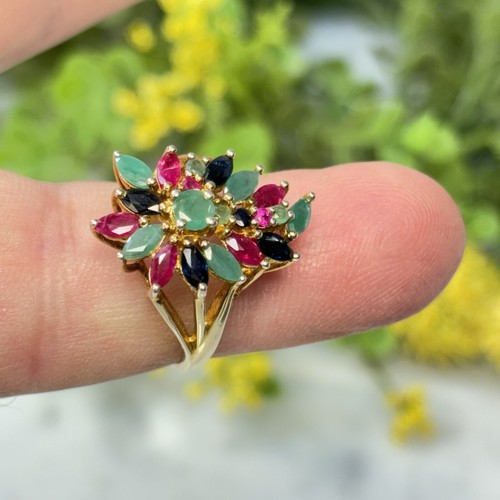 Vtg Sterling Silver 925 Gold Vermeil Stauer Sapphire Ruby Jadeite Ring Size 8.5 - Picture 9 of 14