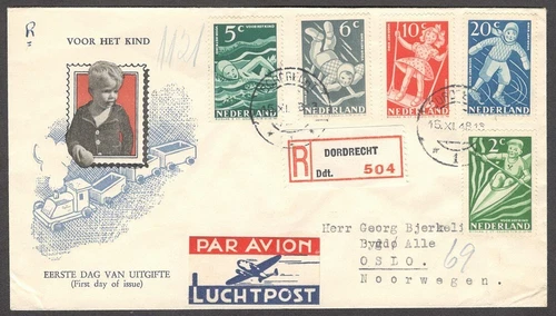 Netherlands 1946 VOOR HET KIND pictorial registered FDC to Norway
