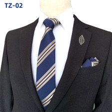 Classic Striped Brown Blue Jacquard Weave Men's Tie Necktie Pocket Square Set