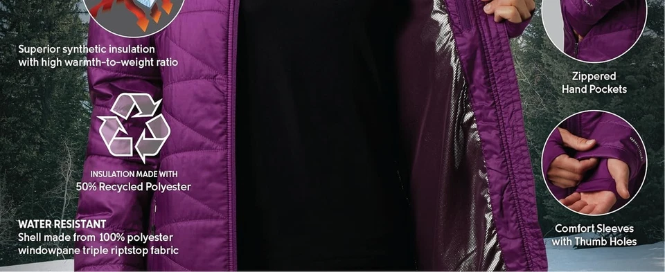 Columbia Mujer’s Mighty Lite Chaqueta Larga de Invierno Omni Heat Mediana Púrpura Foto 3 de 4