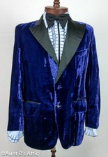 Vintage 70's Blue Velvet Tuxedo Coat Groovy 2 Button Satin Lapel Formal Jacket