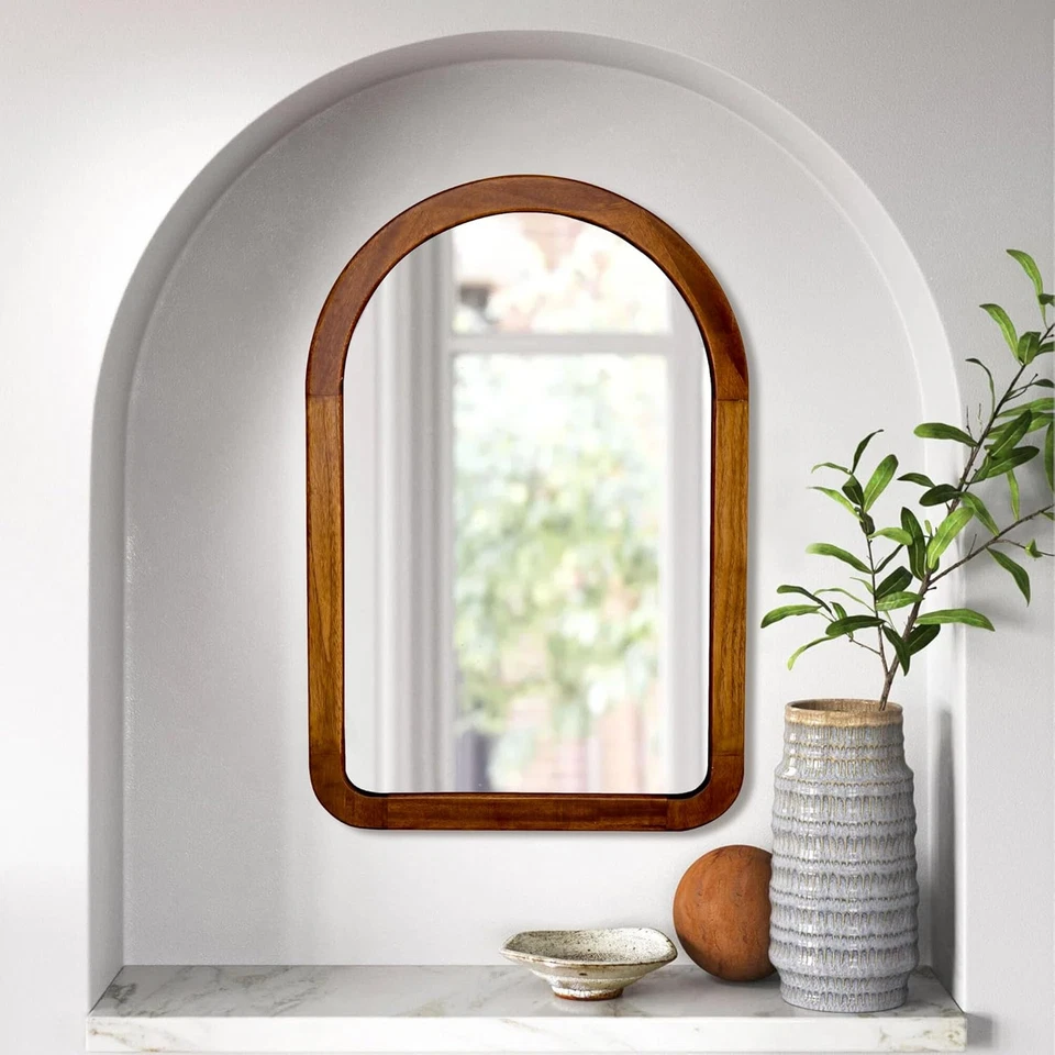 Arched Mirror 22 X 30 Inch,Brown Wood Rustic Bathroom Tempered Wall Mirror with - Image 2 of 4