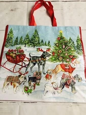 Christmas Shopping Bag Reusable Tote DOGS With Santa Sleigh