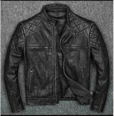 Men Leather Jacket Cafe Racer Motorcycle Biker Black Distressed Genuine Leather