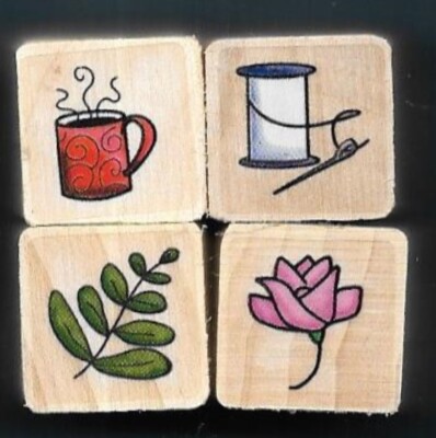 CUP STEAM NEEDLE THREAD FERN LEAF ROSE Lady Gift Tag NEW MINI LOT RUBBER STAMPS