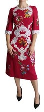 DOLCE & GABBANA Dress Red Floral Embroidered Sheath Midi IT42/US8/M RRP $12500