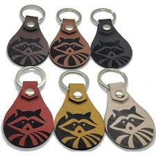 Leather Raccoon Design Keychain, 6 Colors, Dual Sided Engraving, PU Leather