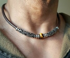  Collana uomo tigre, pelle marrone, acciaio inox, surfista, fatta a mano, senza appannamento 