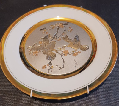 2 VINTAGE THE ART OF CHOKIN 24K GOLDRAND DEKORTELLER MIT VÖGELN 1983