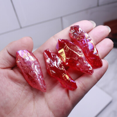 50G Red Titanium Rainbow Aura Lemurian Quartz Crystal Reiki Healing Stone US##
