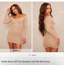Pretty Little Thing 	 Petite Stone Off The Shoulder Soft Rib Mini Dress