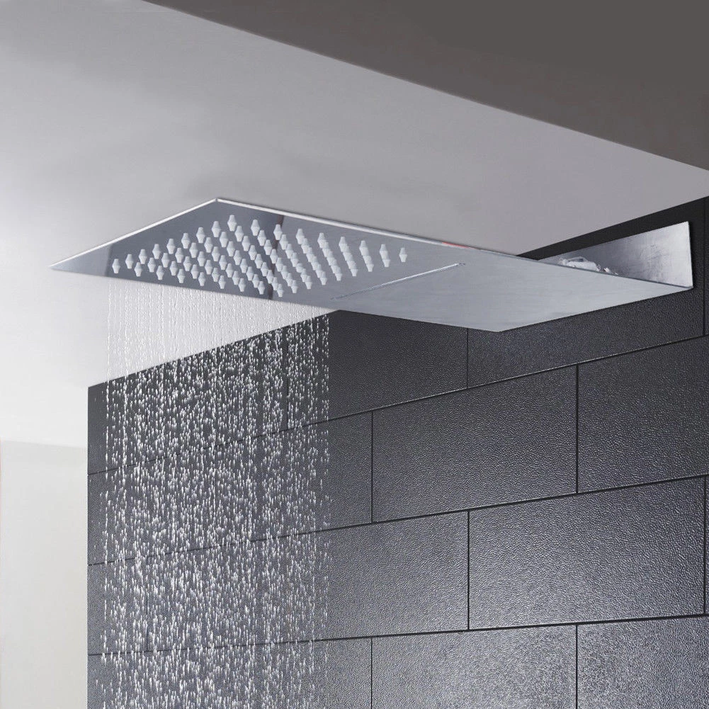 Slim Rectangle Wall Mount Chrome Shower Head Faucet Mixer Rain/Waterfall Spout