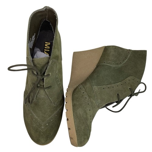 MIA Raphaella Olive Green Suede Lace Tie Wedge Women’s Ankle Bootie Sz 8.5M - Picture 1 of 11