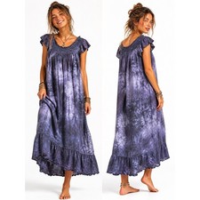 Doen Tie Dye Gray Black Smocked Ruffle Cotton Dress Med 46” Long Bust 41”