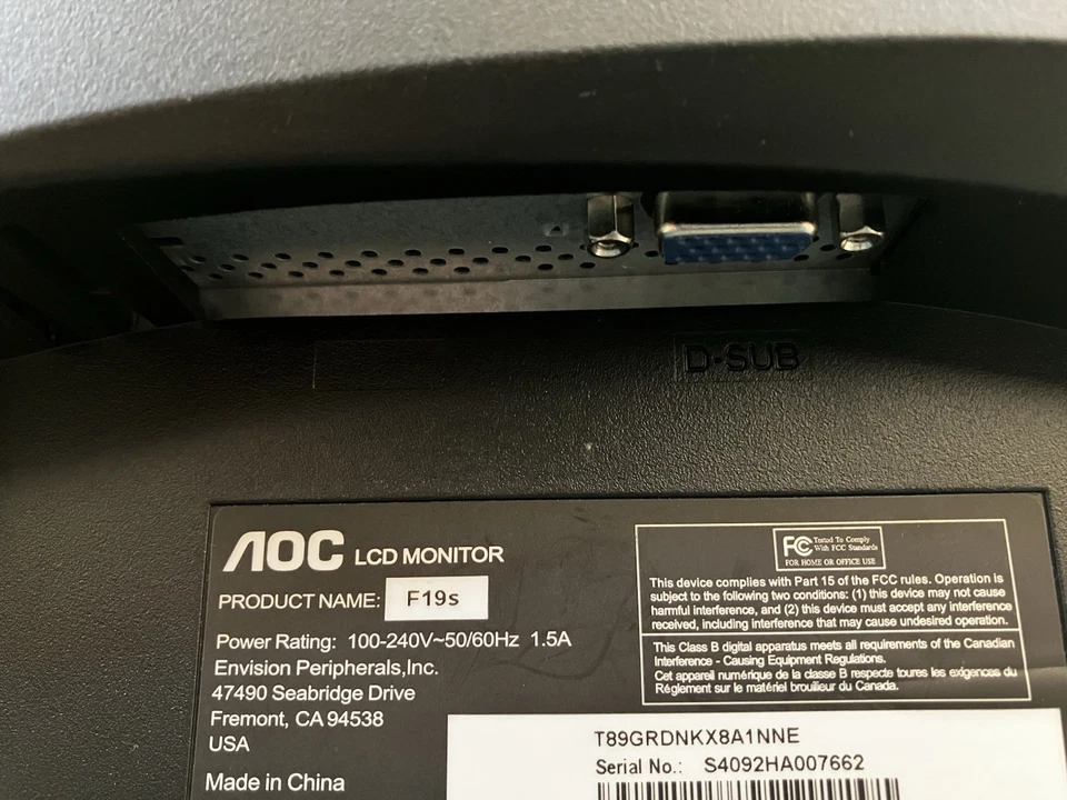 AOC F19s LCD Monitor/Display (TESTED, WORKING) - Image 3 of 3