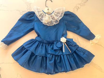 Vintage Blue Mini World Lace Ruffles Dress Second Girl Toddler Size 3T Easter +