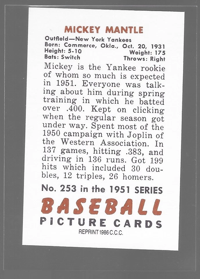 1986 CCC MICKEY MANTLE 1951 Bowman Reprint - #253 New York Yankees HOF - Image 2 of 2