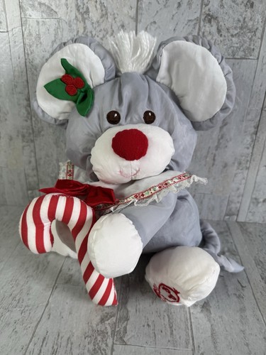 Fisher Price Puffalumps CHRISTMAS MOUSE Gray Candy Cane Plush Stuffed 1987 Vtg