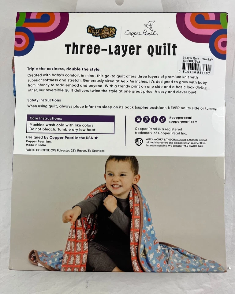 Willy Wonka Candy 3 Capas Edredón Bebé 46" Niño Manta Cobre Perla Chocolate Foto 2 de 4