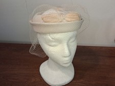 Original VINTAGE White Open Crown Pillbox Hat, White Net Veil, Union Made EXC