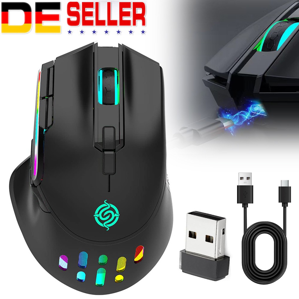 Funk Maus Gaming Kabellos RGB Wireless Mouse Für PC Laptop Schwarz USB DHL