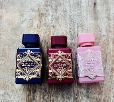 Lattafa Bade'e Al Oud Amethyst Parfum 3 Samples 0.16oz Each  (Purple, Red, Pink)