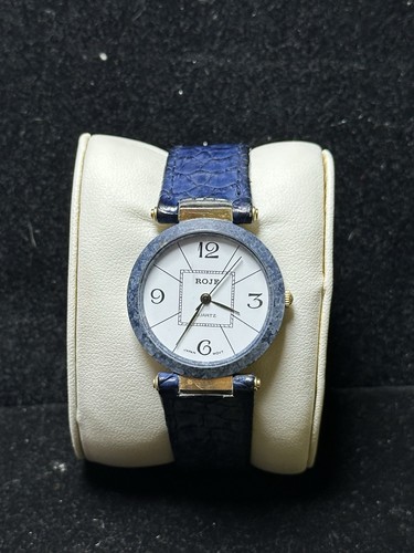 Vintage RARE Blue Chicken Leg Leather Strap ROJE Japan Quartz Watch Marble Bezel