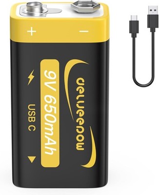 Wiederaufladbare 9V Block Batterie 650mAh Lithium Akku USB-C 1500 Zyklen 1 Stück