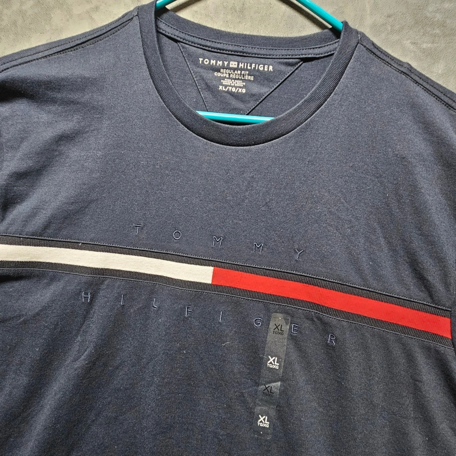 Tommy Hilfiger Mens Regular Fit Navy Blue Striped Logo Graphic T-Shirt XL NWT