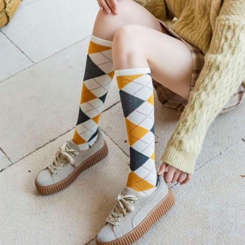 Women Knee High Socks College Vintage Multicolor Argyle Plaid Print Stockings - Picture 12 of 28