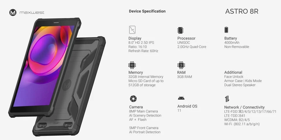 Maxwest Astro 8R 8" Android WIFI & Cellular Tablet 32GB, 3GB RAM Quad Core - Image 2 of 4