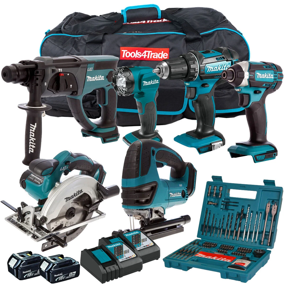 Makita 18V 6 Piece Tool Kit with 2 x 5.0Ah Batteries Charger 100Pcs Drill Set