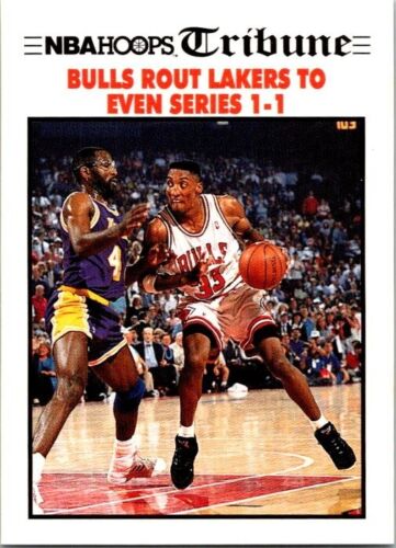 1991-92 NBA Hoops Tribune Card #539 Chicago Bulls Rout Lakers Even Series 1-1 - Afbeelding 1 van 2