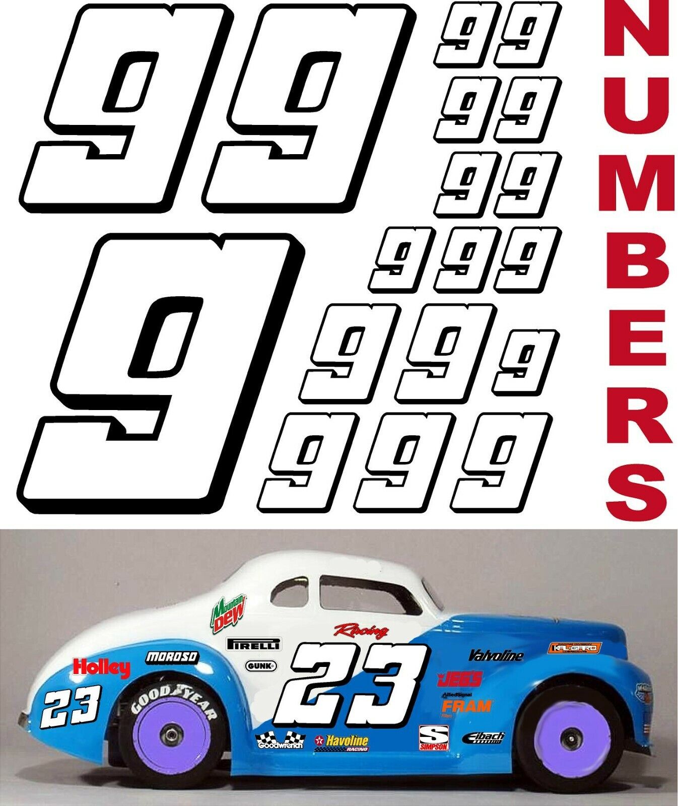 WHITE w/Black (#9's) Racing Numbers Decal Sticker Sheet 1/8-1/10-1/12 Traxxas