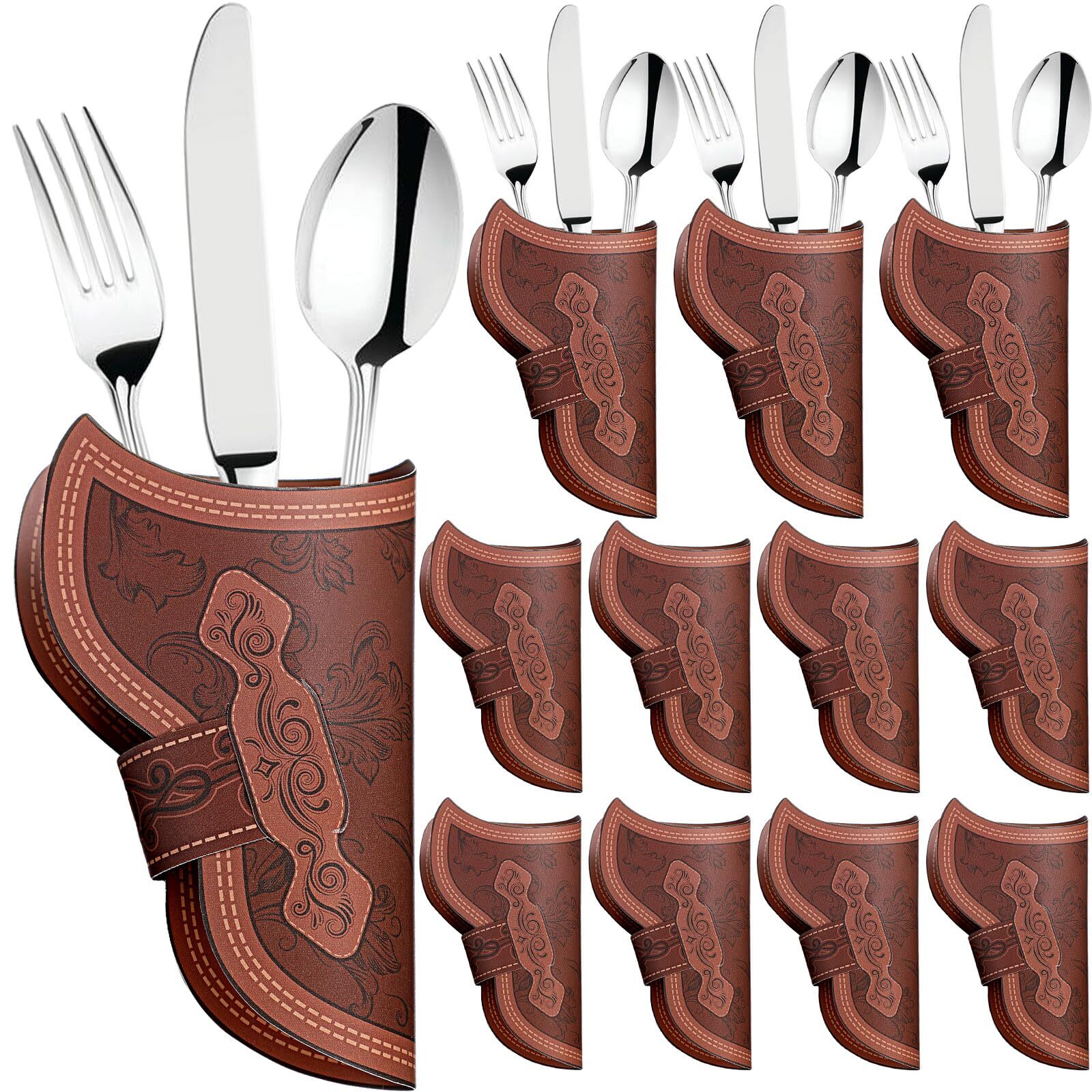 Cowboy Holster Silverware Holders Cardstock Brown Cutlery Sleeve Knife and Fo...