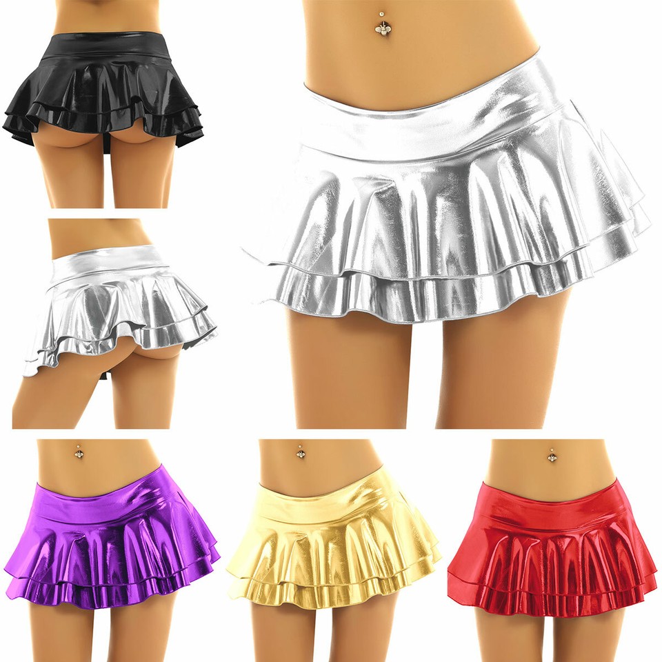 Hybursky Damen Metallic Mini Rock - Glänzender Faltenrock Mit G-String Für Club & Party